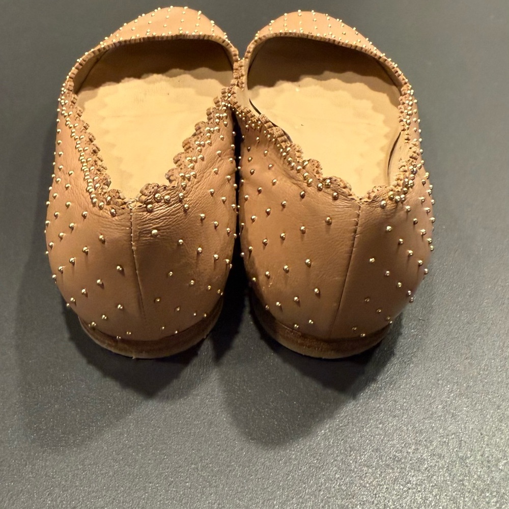Chloe Studded Scalloped Leather Flats - Tan - Picture 3 of 5
